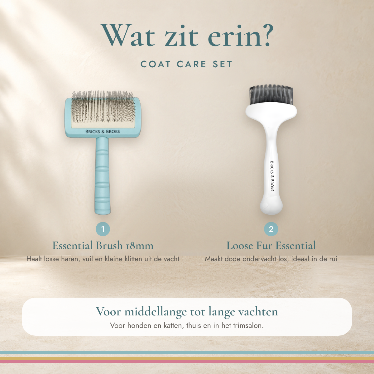 Wat zit erin? Coat Care Set met Essential Brush 18mm en Loose Fur Essential, voor middellange tot lange vachten